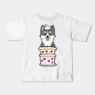 Husky dog Jumping out of a cake Kids T-Shirt